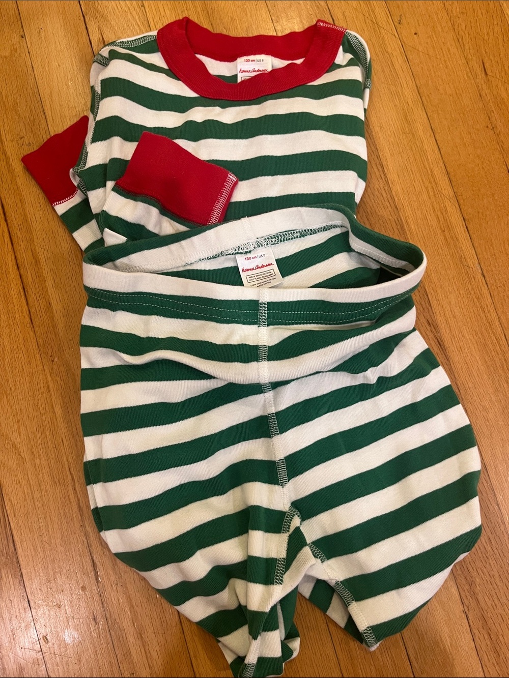 Hanna Andersson Green & White Striped Kids Pajamas with Red Trim